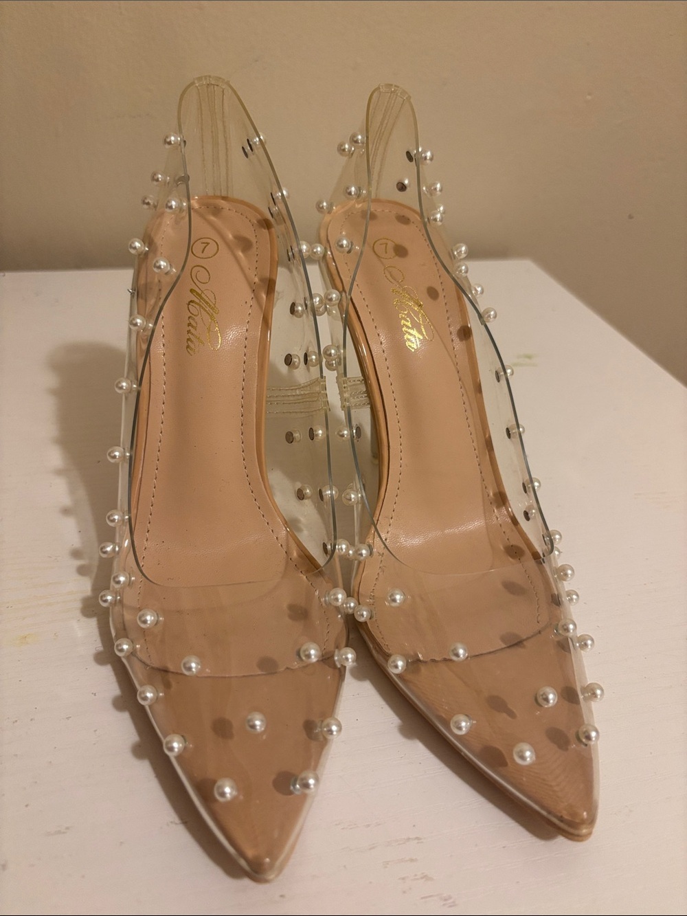 Pearl-Trim Clear Pointed Slingback Heels - Nude